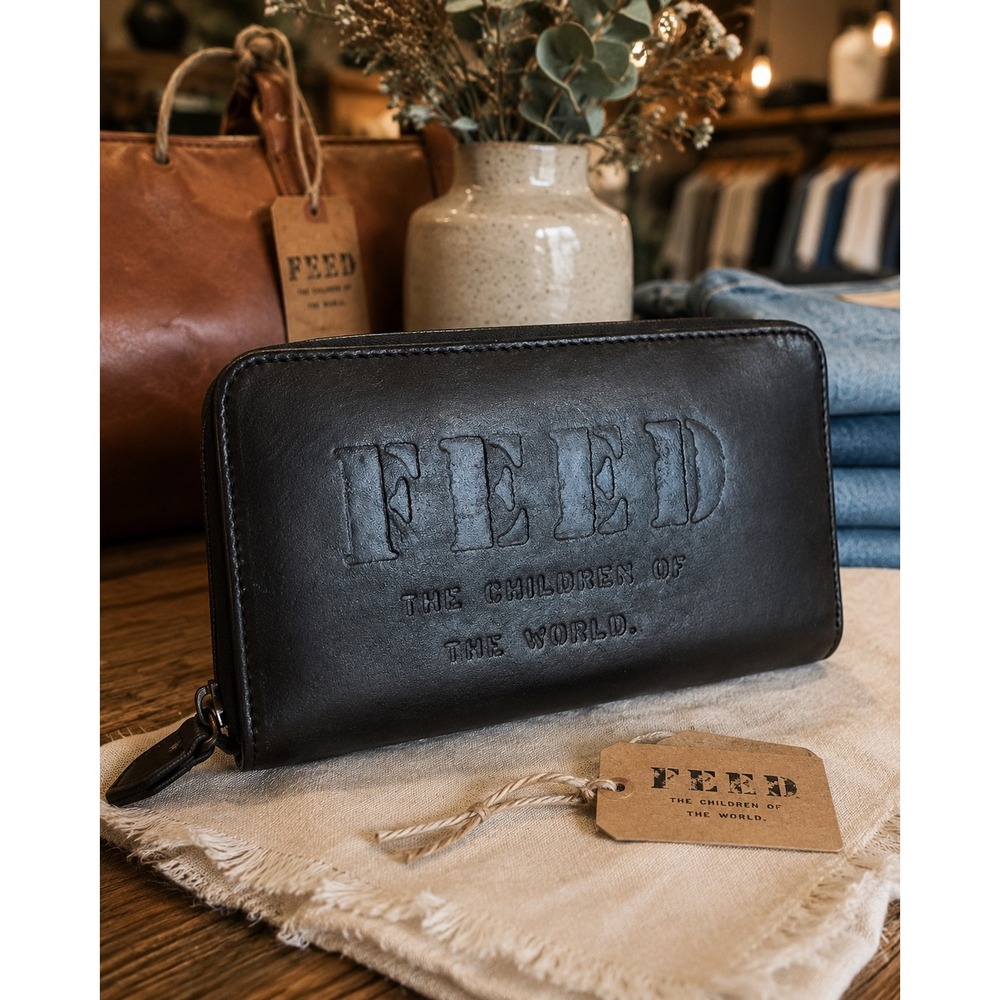 FEED Projects Black Leather Zip Around Continental Wallet Debossed 50 Logo
